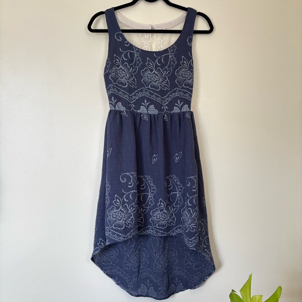 Anthropologie Navy Blue Floral High-Low Dress